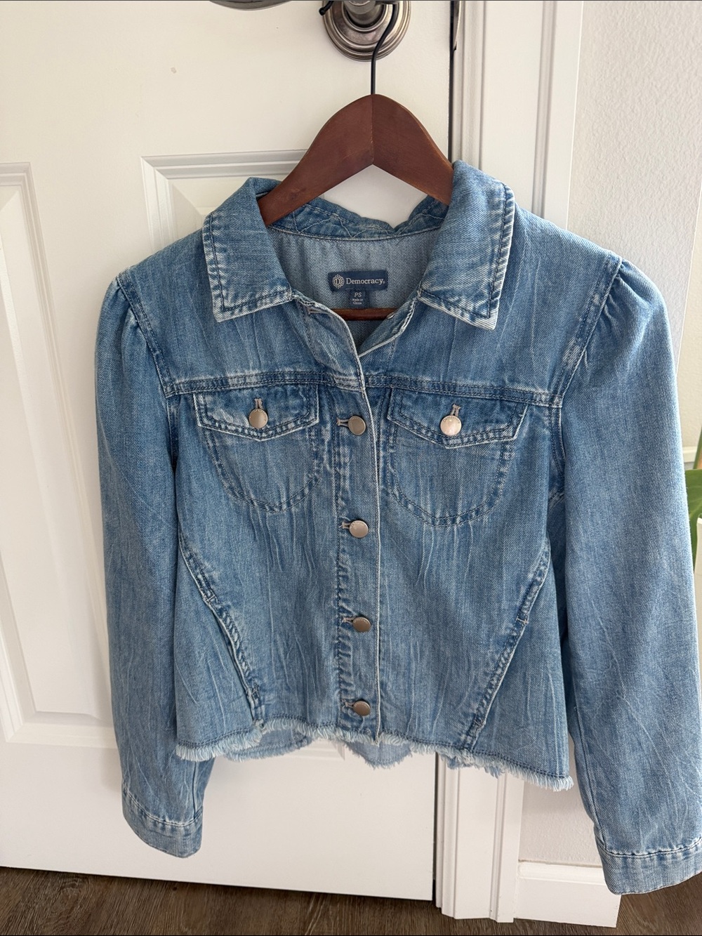 Democracy Light Blue Denim Jean Jacket with Slight Puff Shoulders